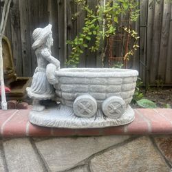 Vintage Cast Stone Girl With Flower Cart Garden Statue 17”x18” X12”