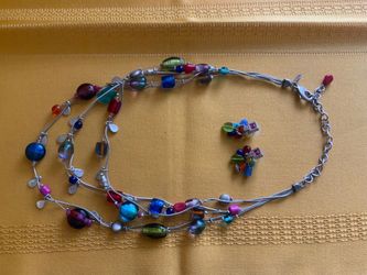 Multi Strand Colorful Art Glass Bead Necklace Earrings Set Foil Foil Glass Charms