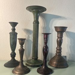 Vintage Assorted Bronze Brass Metal Candlesticks Set of 5