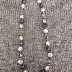 Swarovski Clear Crystals With Blue & White Stones Sterling Silver 18” Necklace