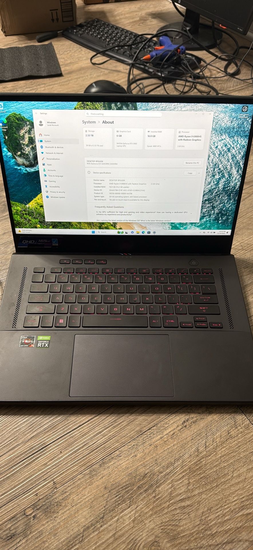 Asus Rog Zephyrus 15, gaming laptop, Ryzen 9 6900HS, 16GB DDR5 RAM, nvidia rtx 3060 GPU, SSD 2500GB