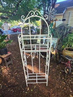 Decorative White Metal Baker's Rack / Coffee Bar with Mug Hooks