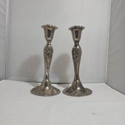 Pair Godinger Antique Baroque Silver Plate Candlesticks Grape Design 8.5”(ZZ)