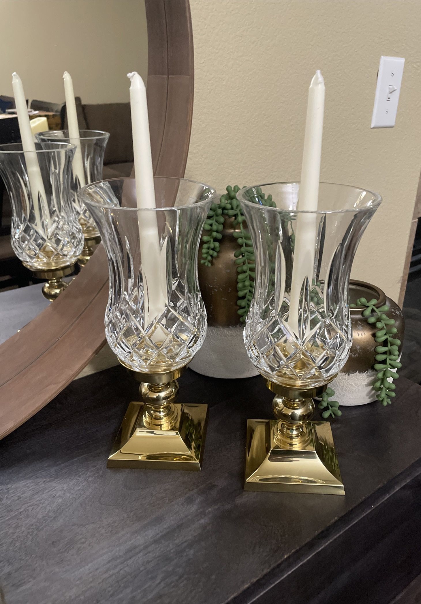 Pair of Vintage Waterford Crystal Hurricane Candle Lamps with Solid Brass Base 11” High