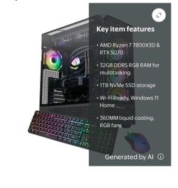 iBUYPOWER Element Pro Gaming PC Desktop, AMD Rvzen 7 7800X3D. NVIDIA GeForce RTX 5070 12GB. 32GB DDR5 RGB RAM. 1TB NVMe SSD. EPBA7N5701