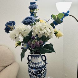 Artificial Flowers And Vase, Blue And White