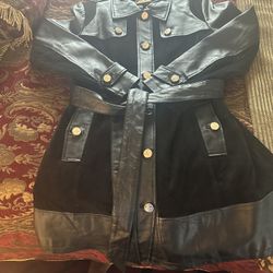 Beautiful Above The Knee, Designer IMAN Genuine Leather & Suede Jacket W/ Gold Buttons , Like New .clean , Smoke Free Home , No Rips Or Tares