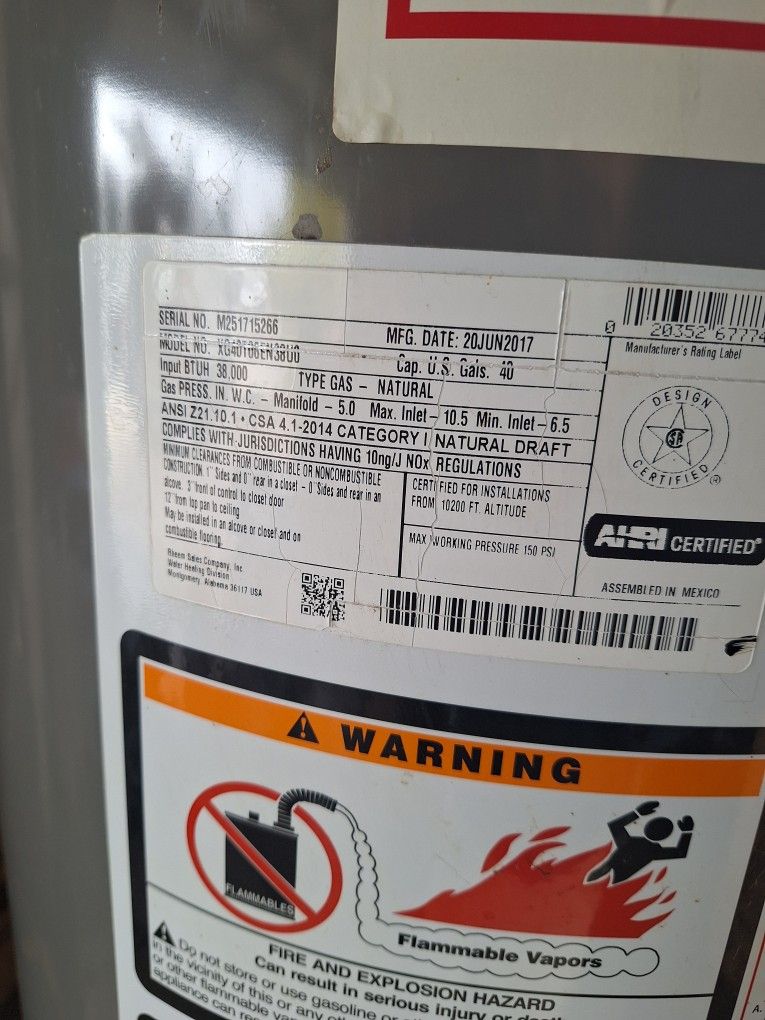 40gal Rheem Water Heater Natural Gas