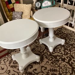 2 Matching around End Tables / Pedestal Base All Wood Painted White 26 Diameter 29Tall  beautiful must see.