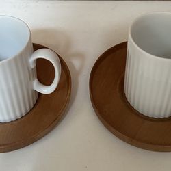 Pair vintage Japanese Coronet porcelain espresso cups with walnut saucers