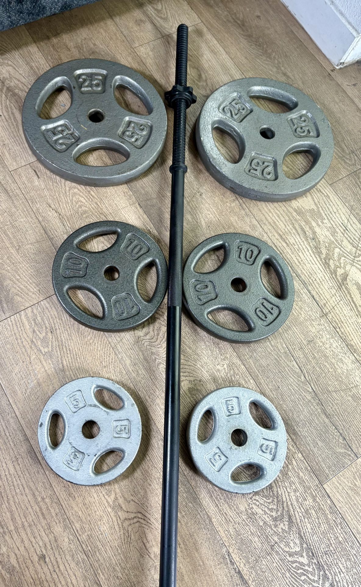 BRAND NEW 6 ft Standard Bar With Pairs Of CAP Weight Plates: 25s, 10s And 5s. (Total: 100 lbs)