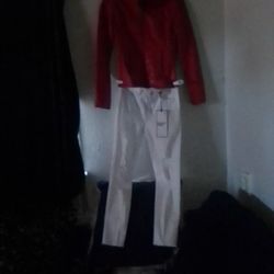 White Rip Jeans(5)Leather Red Jacket