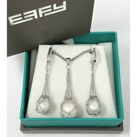 EFFY Sterling Silver 925 Pearl Drop Lace Cage Necklace & EFFY BH Earring Set