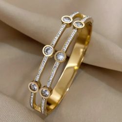 Luxury Sparkling Rhinestone 14 k gold plated Stainless Steel Bracelet For Men Women, Thin Cuff Bracelet Waterproof Jewelry, 