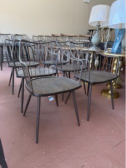 Dark Walnut Wood and Brown Metal Arm Chair