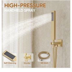 Gold Shower System with Tub Spout, All Metal Tub Shower Faucet Set with 10" Rain Shower Head and Handheld Spray combo, Wall Mounted Tub Shower Systems