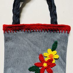 RECYCLED JEAN denim SM Yarn Bag Organizer Project Bag Tote Knitting Crochet
