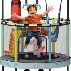K360 $90  55" 7-in-1 Round Trampoline for Kids Boys & Girls Ages 1-8, Indoor & Outdoor Trampoline for Fun, Adjustable Height Handrail ＆ Enclosed Safet