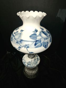Vintage Blue&White Flowers Handpainted Gone with the Wind Boudoir Lamp 25"