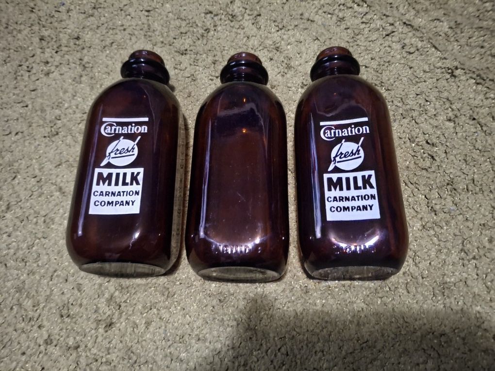 3 Old Vintage Glass Milk Bottles From The 50's
