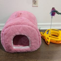 Pink Plush Pet Cat Bed With Toy 