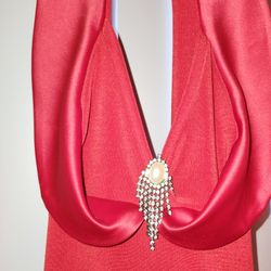Vintage Cache 1980's Red Satin Pearl Crystal Party Dress Semi Formal Valetines Day