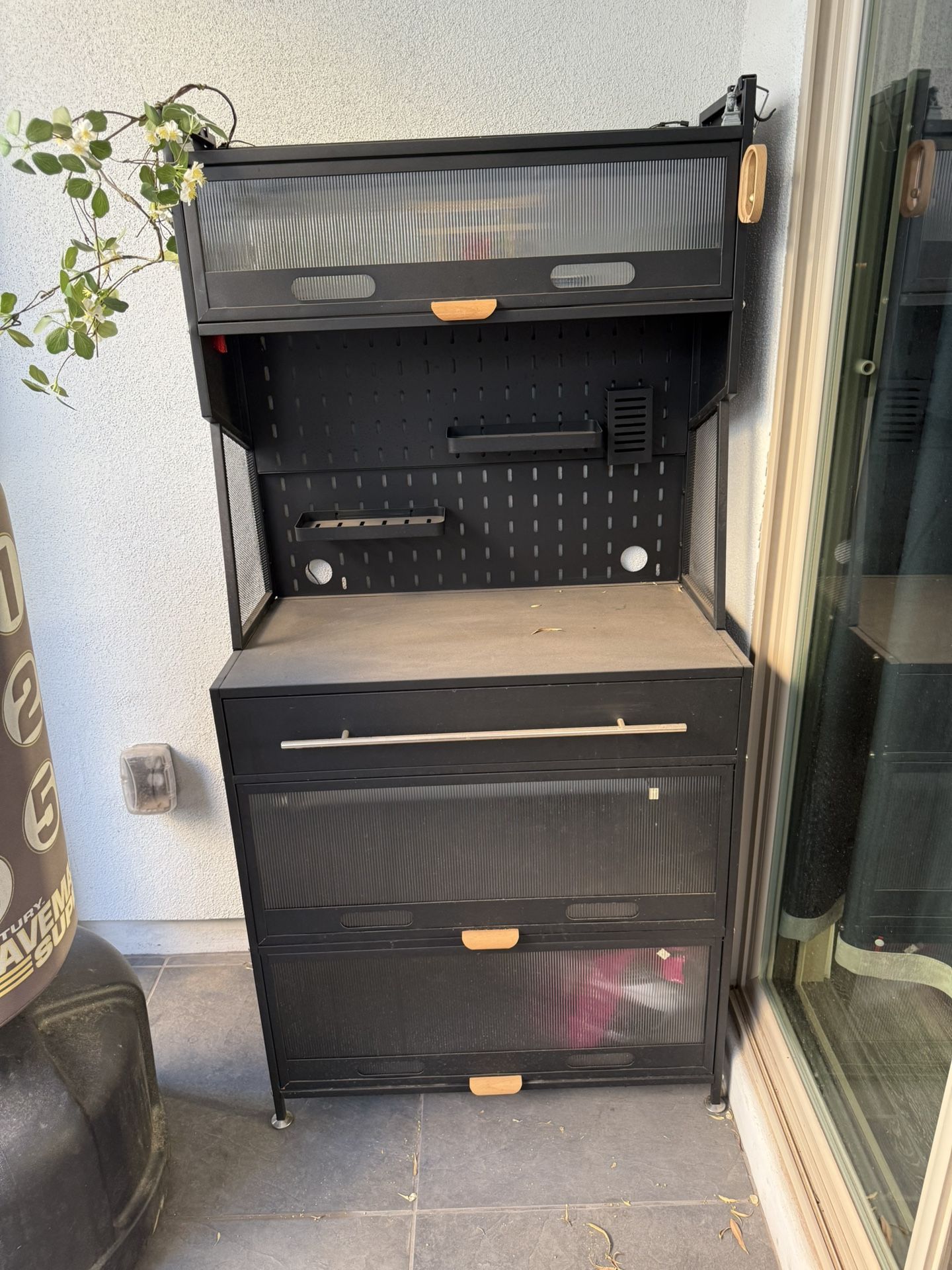 NETEL Coffee Bar Cabinet / Bakers Rack with Drawers & Flip Doors – Black Metal Utility Station