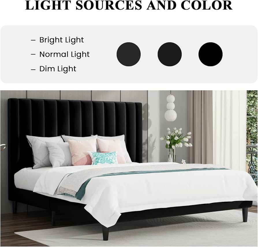 Queen Bed Frame/Velvet Upholstered Platform Bed Frame with Headboard/Strong Wood Slats Support/Mattress Foundation/No Box Spring Needed - B