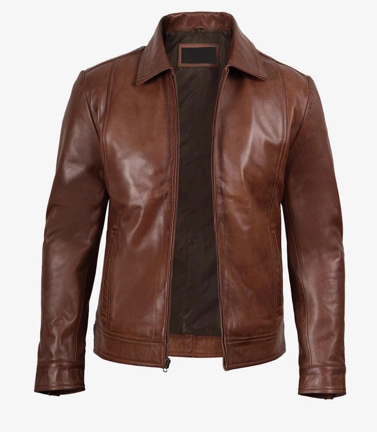 Mens Harrington Leather Jacket, Cognac Casual Zip-Up Look