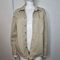 Annie Bing Light Beige Button-Up Utility Shirt Size M Made In Turkey 100% Cotton