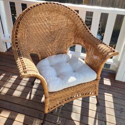 Mid 20th Century Bohemian Modern Woven Wicker Rattan Fan Back Lounge Armchair