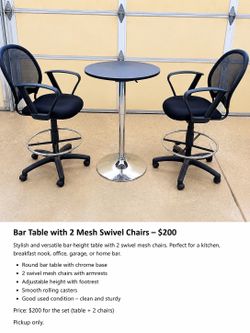 Bar-Height Table with 2 Swivel Mesh Chairs – $200