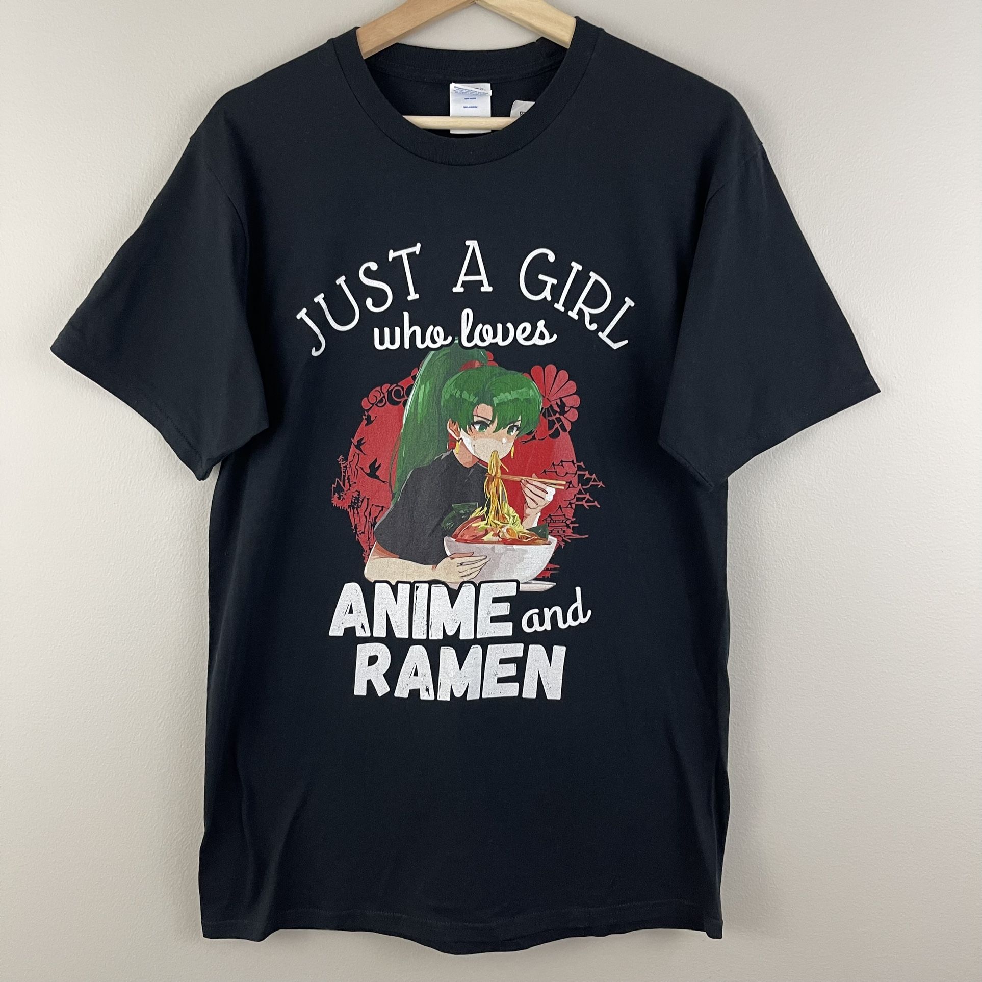 Black "Just A Girl Who Loves Anime and Ramen" Cute Japanese Girl Graphic Tee