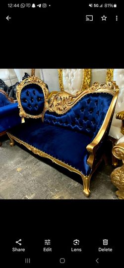 Blue Settee Throne Chair King Queen Royal Royalty