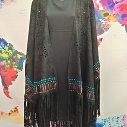 Faux Suede Fringed, Embroidered Wrap/Shawl
