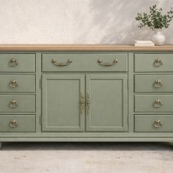 Sage Green Dresser w/ Faux Wood Top – 9 Drawer Storage Cabinet