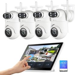 Wireless Security Camera System with 10" Touchscreen Monitor, Dual Lens 2K Security Cameras Wireless Outdoor with 2.4/5GHz WiFi, 360° PTZ, Auto Tracki