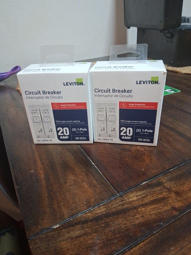 2 Brand New Packs Of Leviton Circuit Breakers - 20Amp (2) 1-Pole Model LSPD2-TR