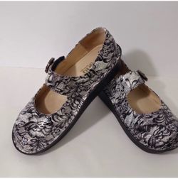 Alegria Silver and Black Floral Mary Jane Clogs