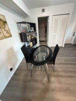 Modern Glass Dining Table + 4 Black Chairs – Great Condition