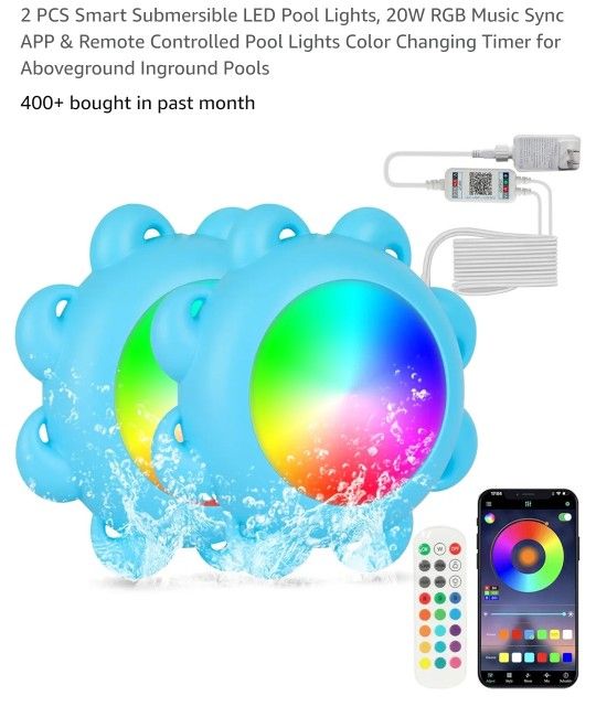 2 PCS Smart Submersible LED Pool Lights, 20W RGB Music Sync APP & Remote Controlled Pool Lights Color Changing Timer for Aboveground Inground Pools

