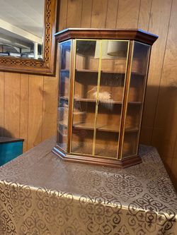 Vintage Wall Curio Cabinet – Wood, Glass & Brass Display Case