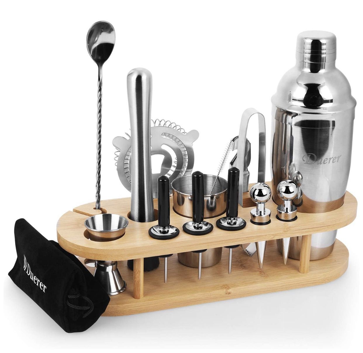 Duerer Bartender Kit with Stand, 23-Piece Cocktail Kit with Stylish Bamboo Stand