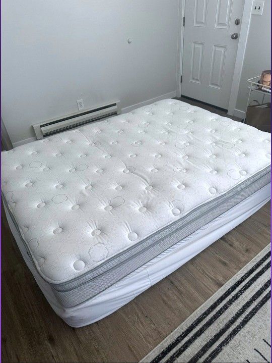 Queen Corsicana Pillowtop Mattress, Boxspring, Metal Bed Frame and Headboard