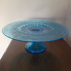 Footed Cake Stand, 13" dia., Blue Sandwich Glass Montgomery Ward 