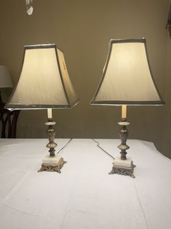 Mid-century PAIR brass and and marble table lamps Classic w/ Shades