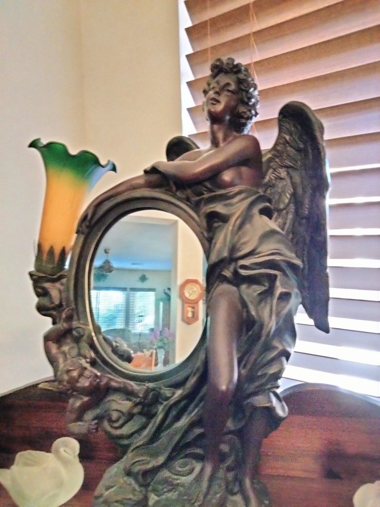 Antique Angel Lamp And Light Mirror Perfect One-of-a-kind Heavy