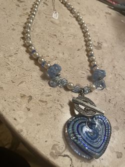 Blue Heart Necklace On Toggle .
