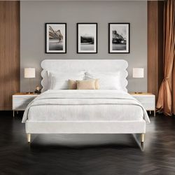 Queen Size Bed Frame  Velvet Platform Bed with Biscuit-Edge High Headboard/ White) D-47