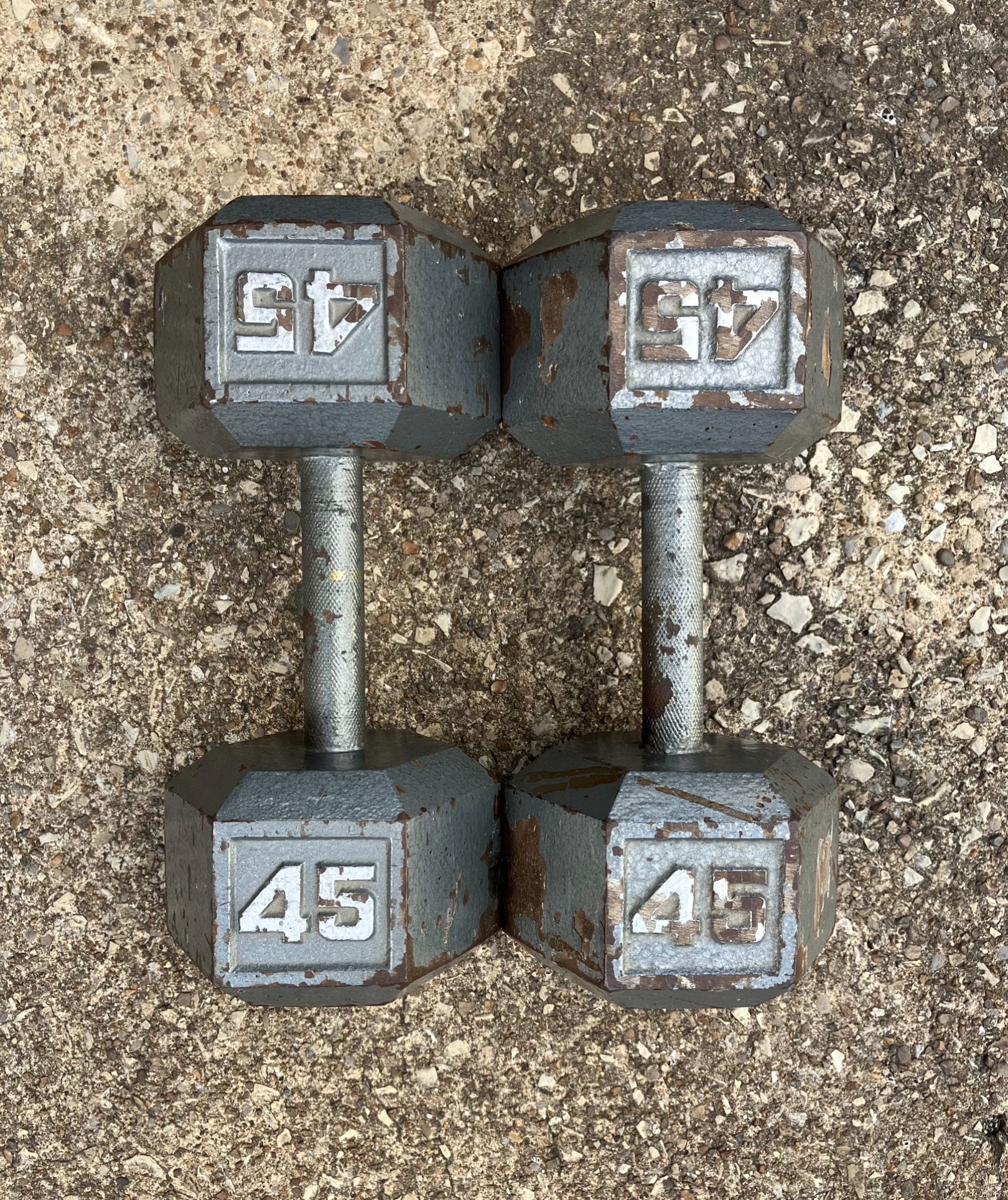 45 lb Dumbbells dumbbell set lbs Cast Iron Hex 45lb pound pounds 45lbs weights weight pair #